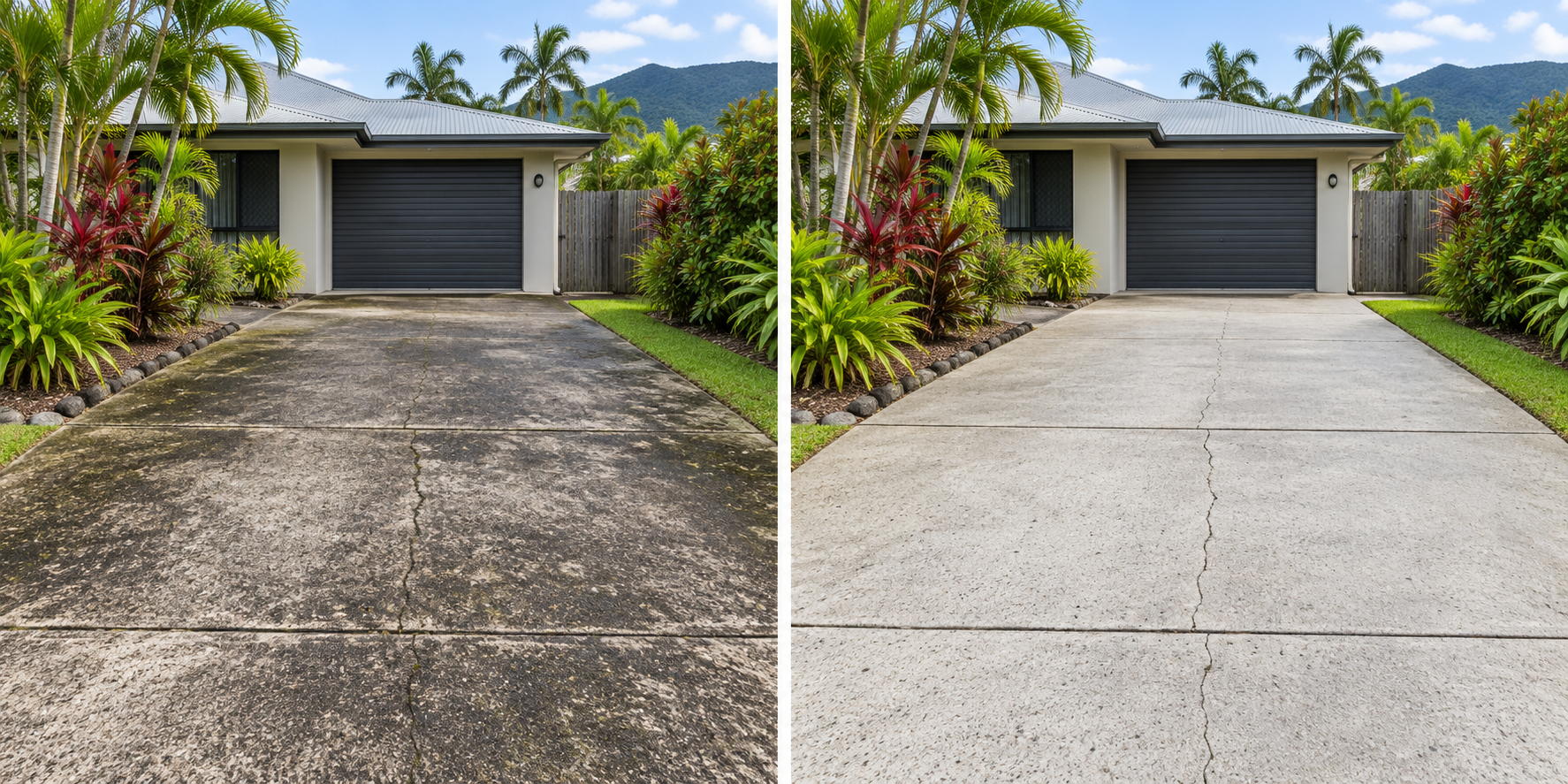 Illustrative comparison of driveway cleaning: dirty surface on the left, cleaned surface on the right