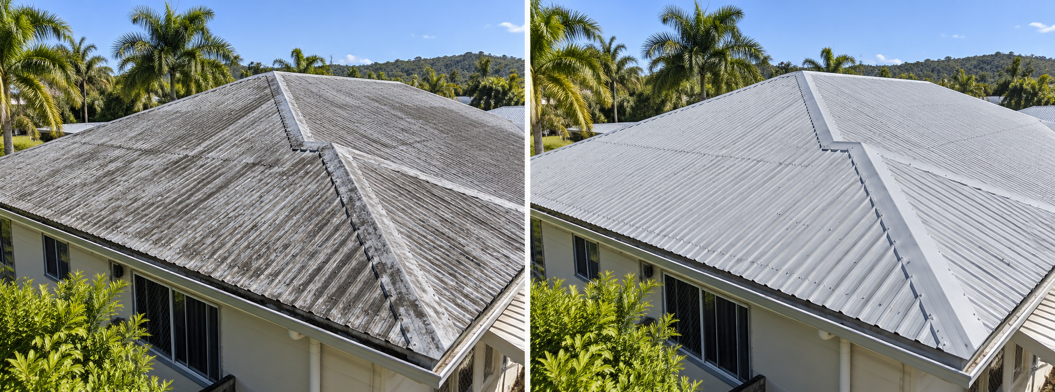 Illustrative comparison of roof cleaning: dirty surface on the left, cleaned surface on the right