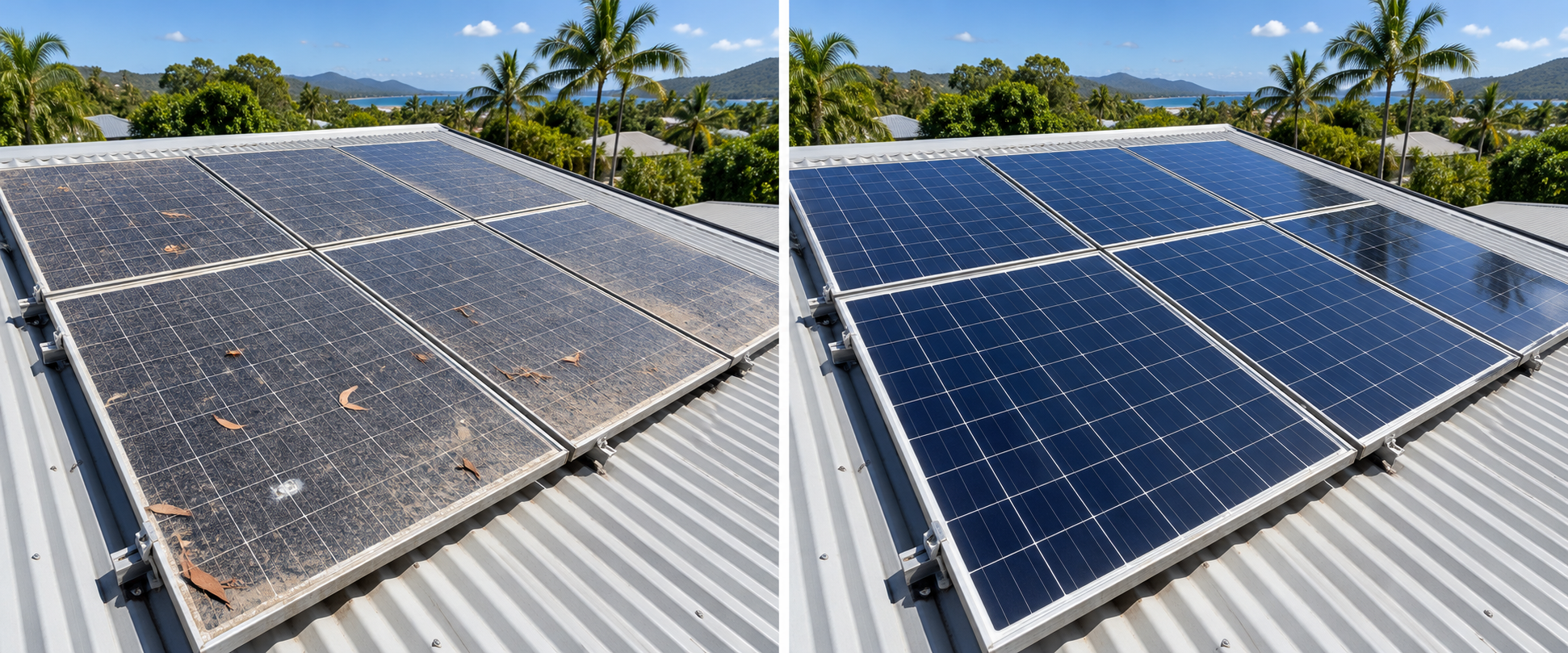 Illustrative comparison of solar panel cleaning: dirty surface on the left, cleaned surface on the right